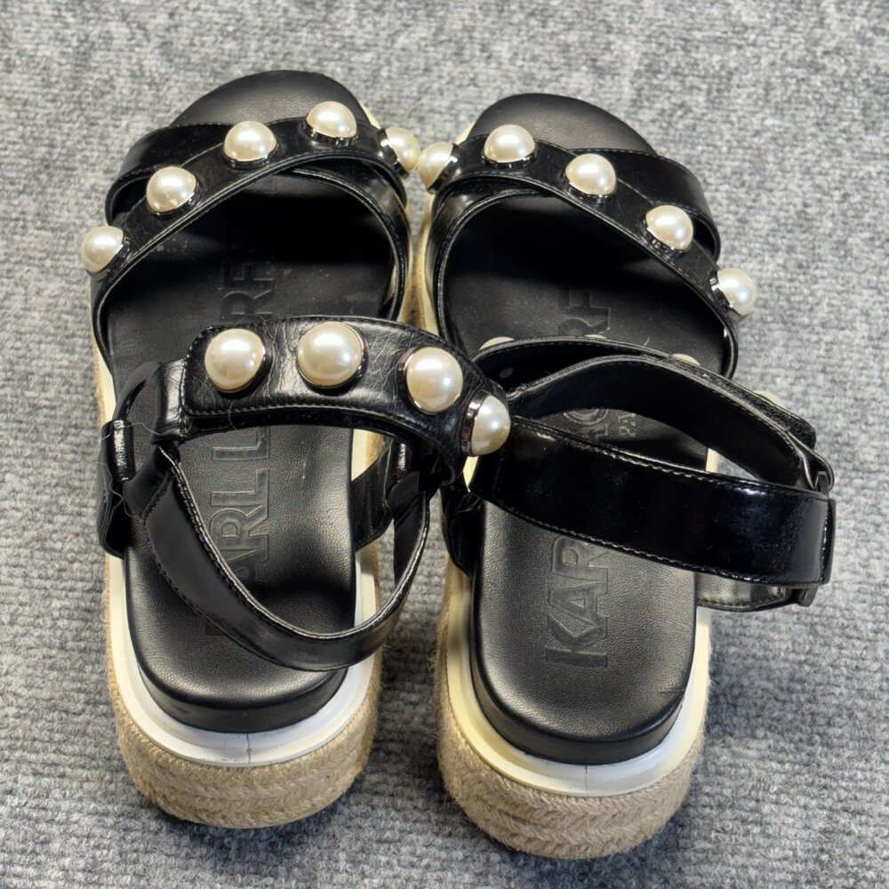 Karl Lagerfeld Womens Black Platform Espadrille Sandals Pearl Ankle Strap 7M - Picture 10 of 13